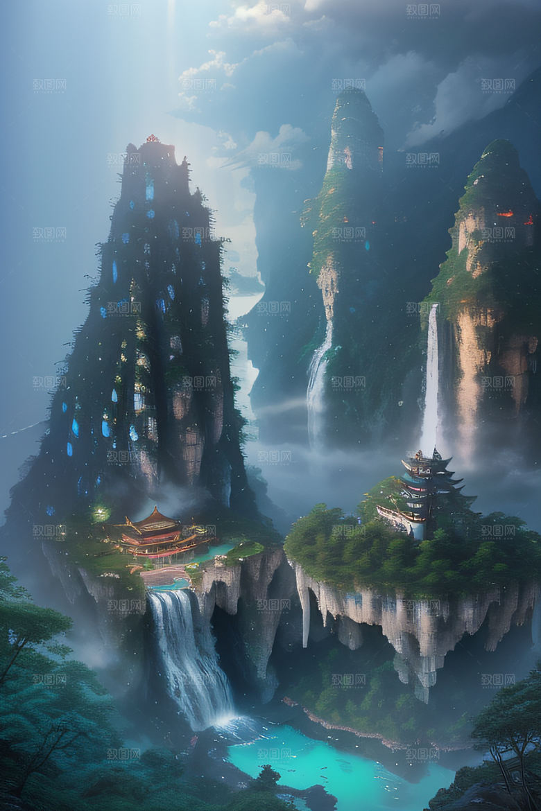 水雾云海梦幻悬崖下的荧光绘画