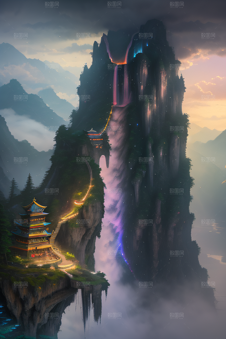 水雾云海梦幻悬崖下的荧光绘画