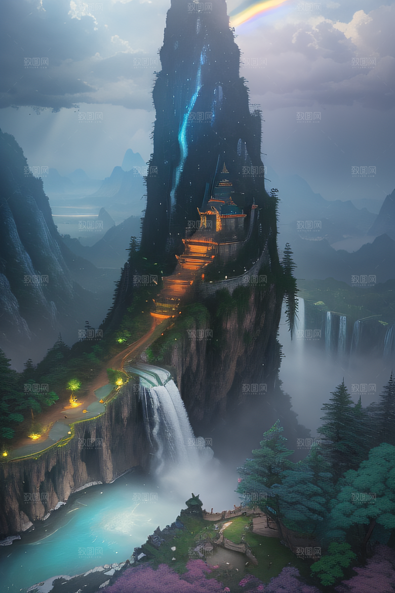水雾云海梦幻悬崖下的荧光绘画
