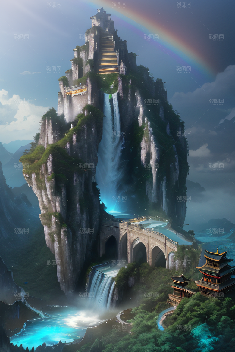 水雾云海梦幻悬崖下的荧光绘画