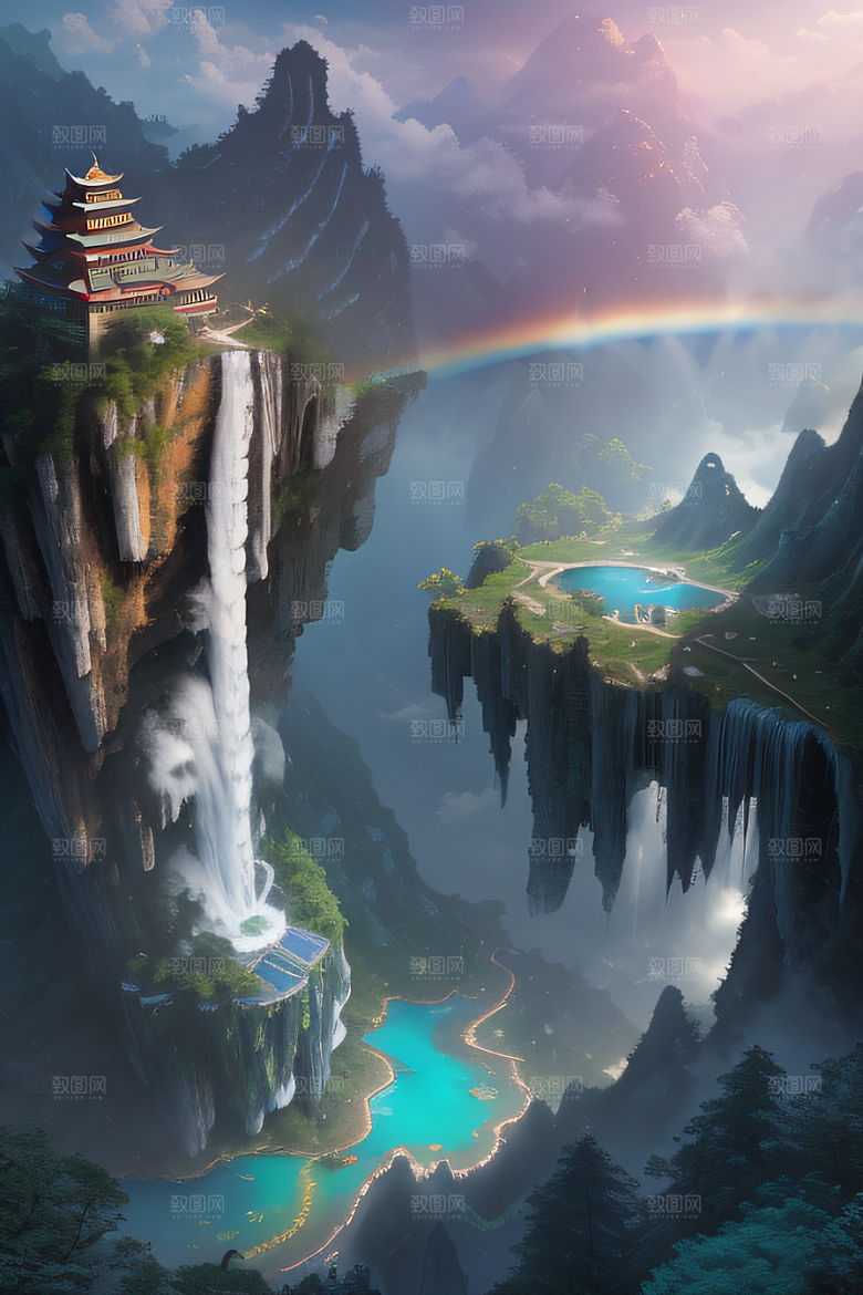 水雾云海梦幻悬崖下的荧光绘画
