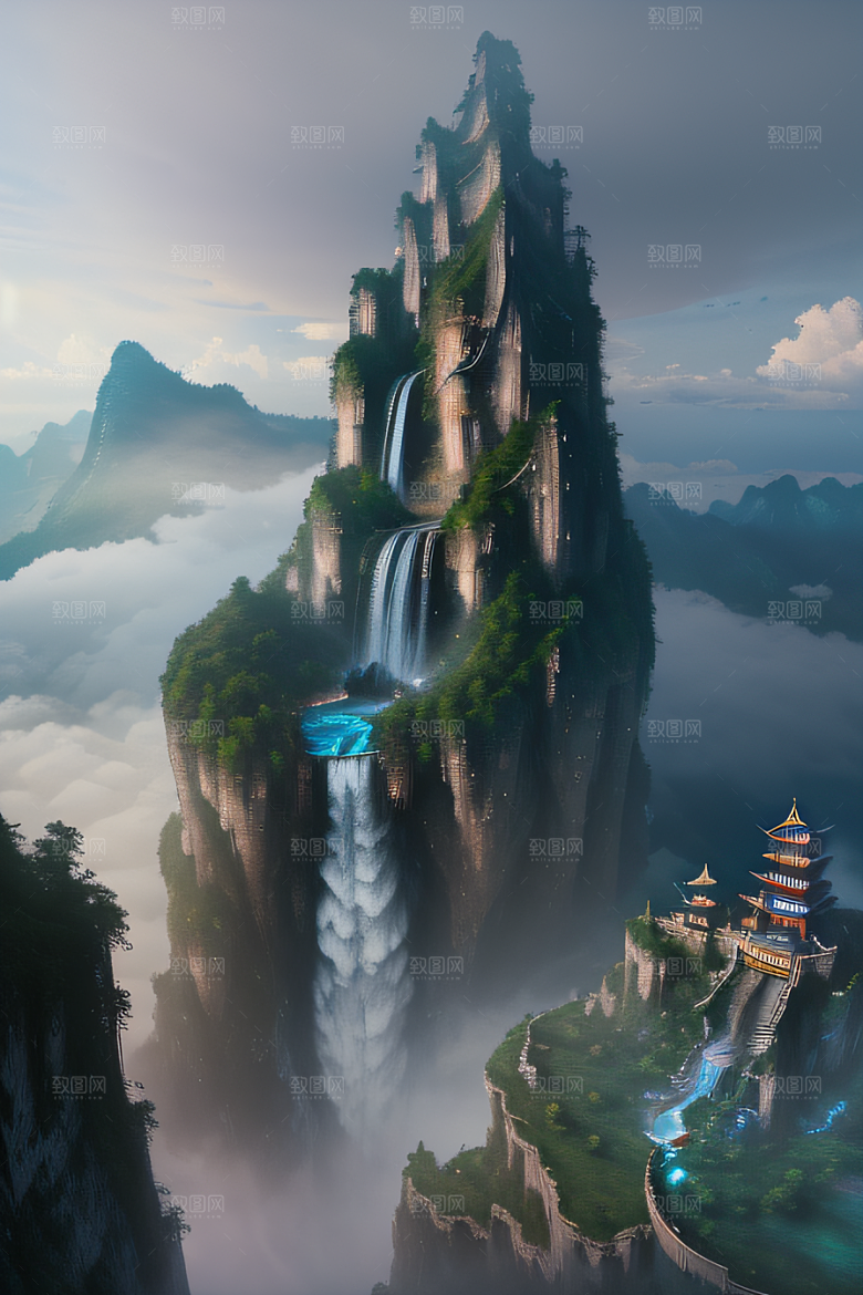 水雾云海梦幻悬崖下的荧光绘画