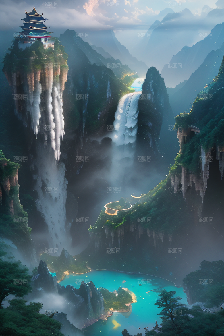 水雾云海梦幻悬崖下的荧光绘画