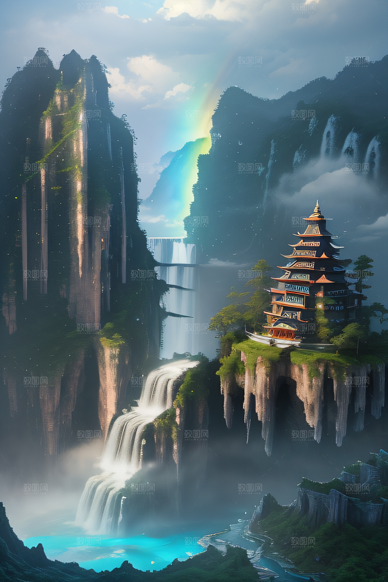 水雾云海梦幻悬崖下的荧光绘画