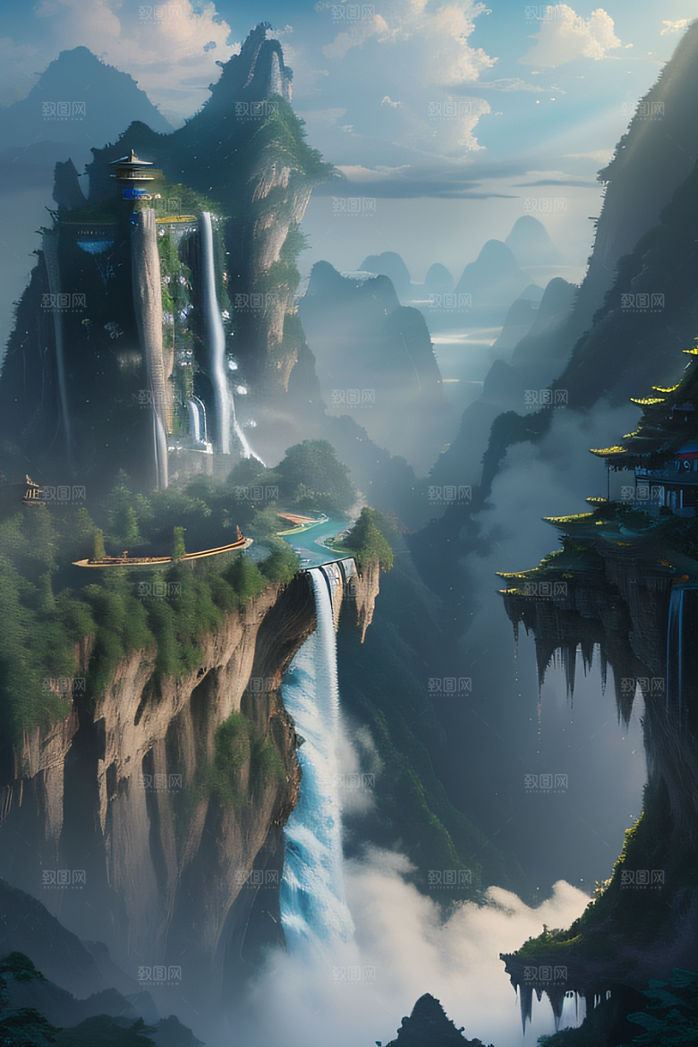 水雾云海梦幻悬崖下的荧光绘画