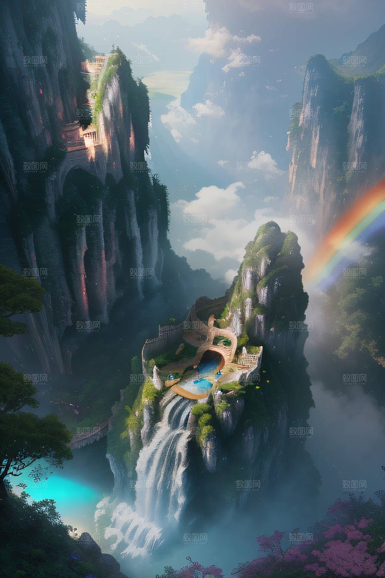 水雾云海梦幻悬崖下的荧光绘画