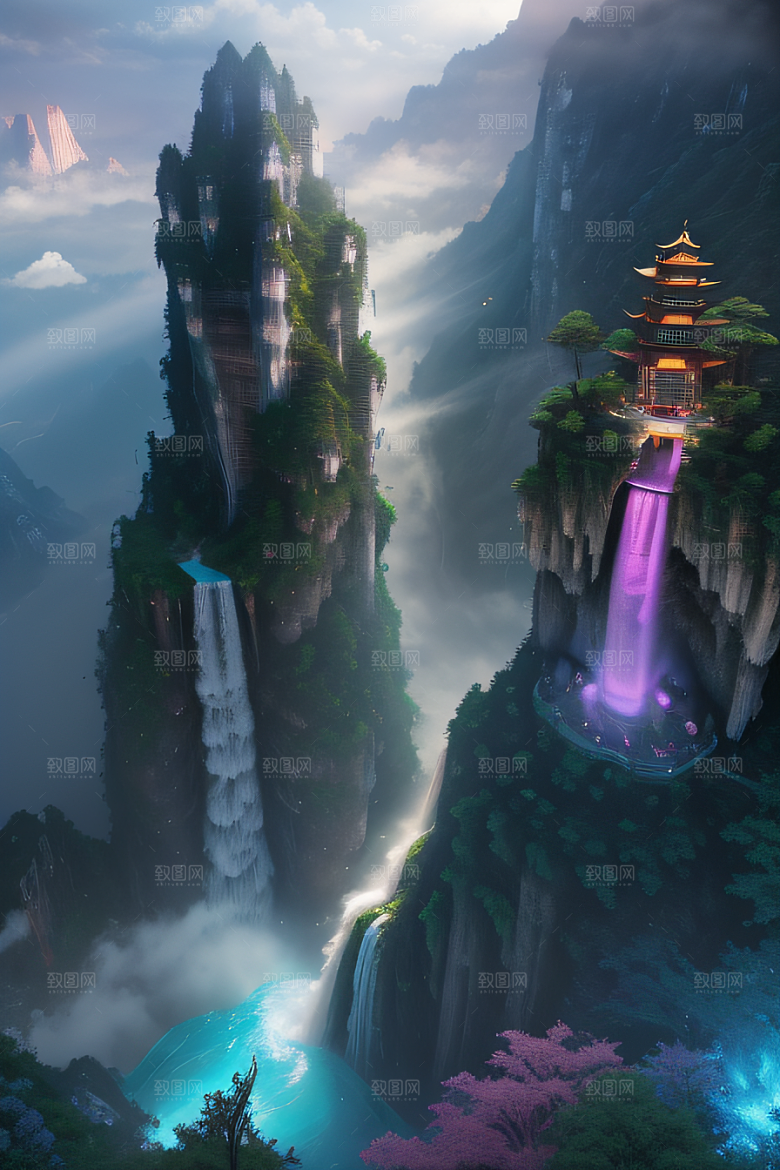 体积光绘画梦幻宫殿下的彩虹瀑布
