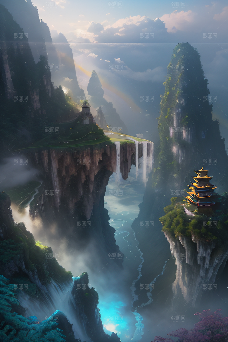 体积光绘画梦幻宫殿下的彩虹瀑布