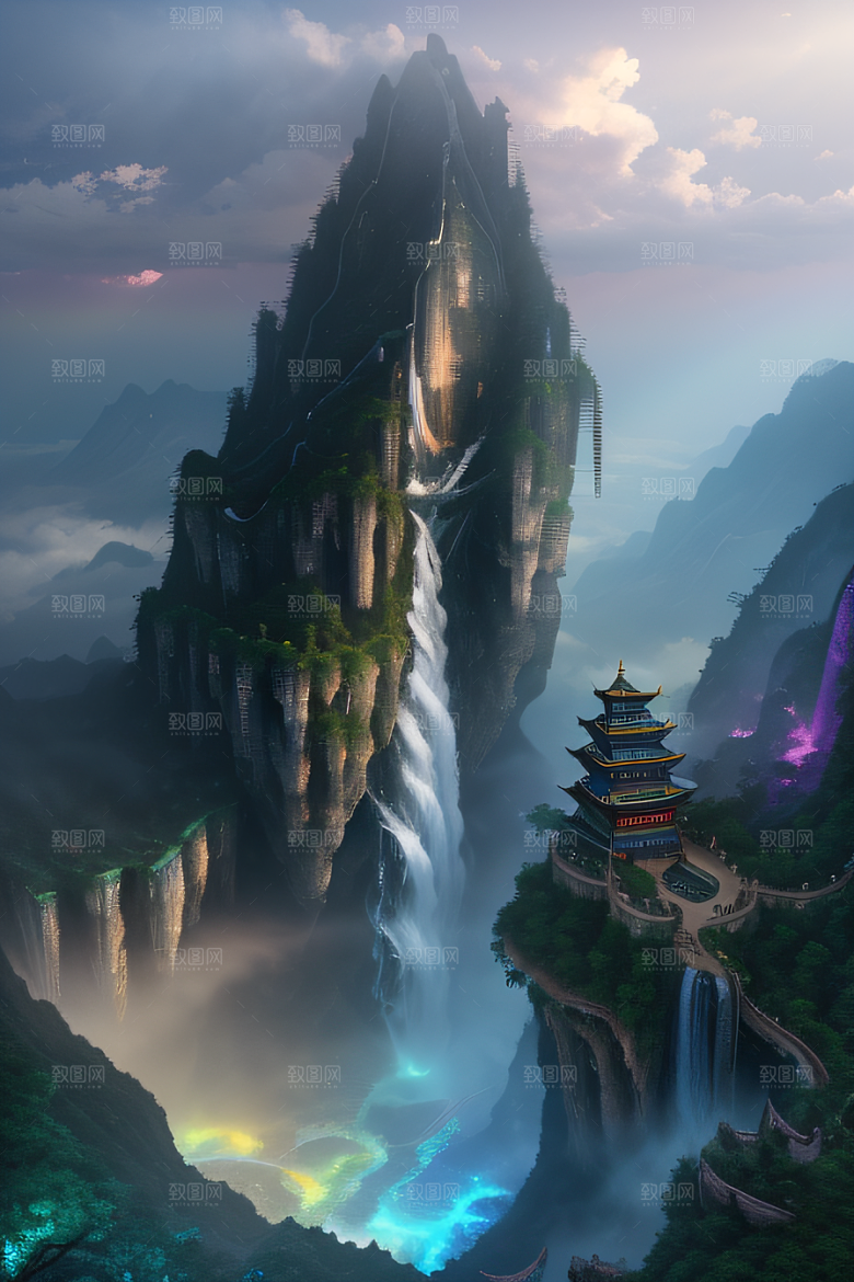 体积光绘画梦幻宫殿下的彩虹瀑布