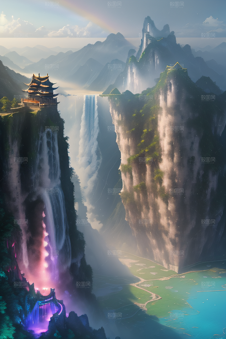 体积光绘画梦幻宫殿下的彩虹瀑布