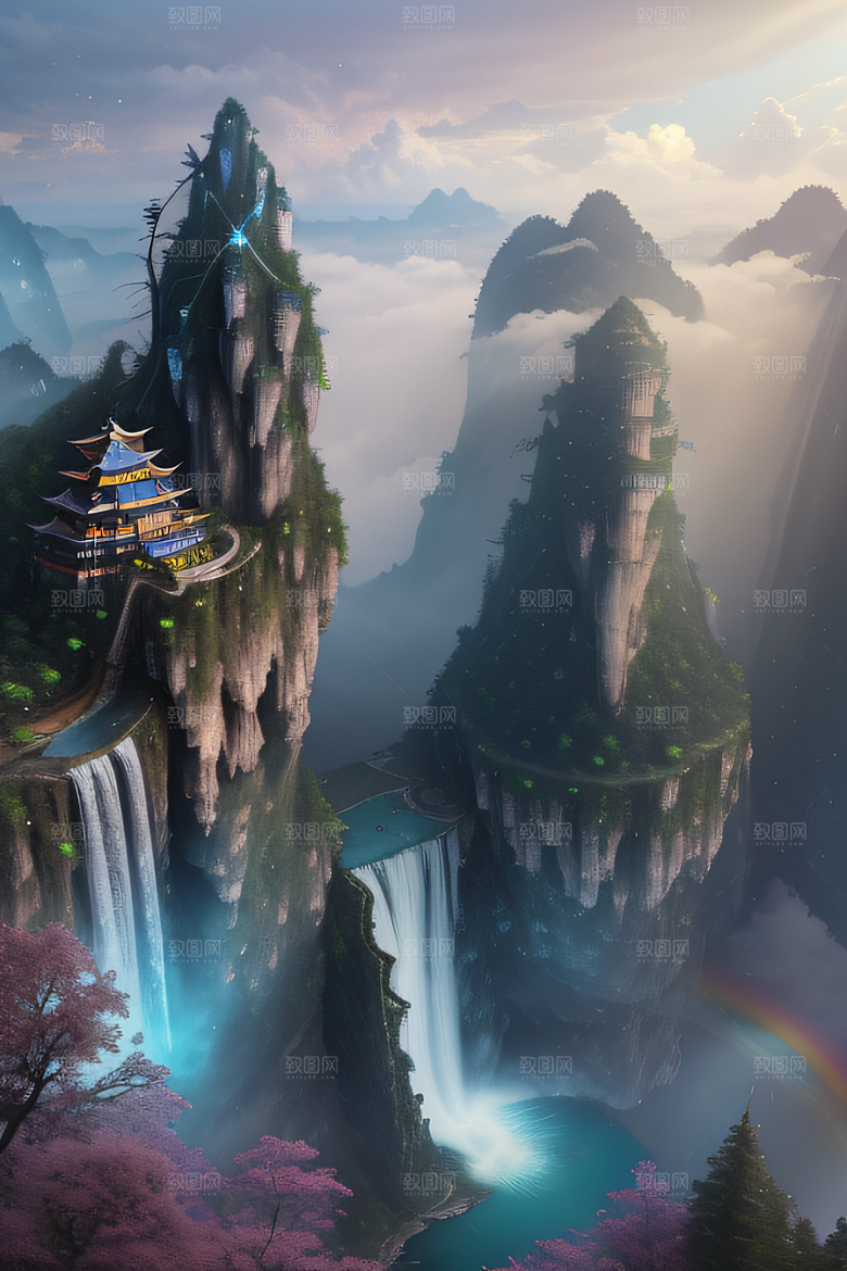体积光绘画梦幻宫殿下的彩虹瀑布