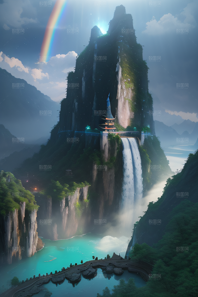 体积光绘画梦幻宫殿下的彩虹瀑布