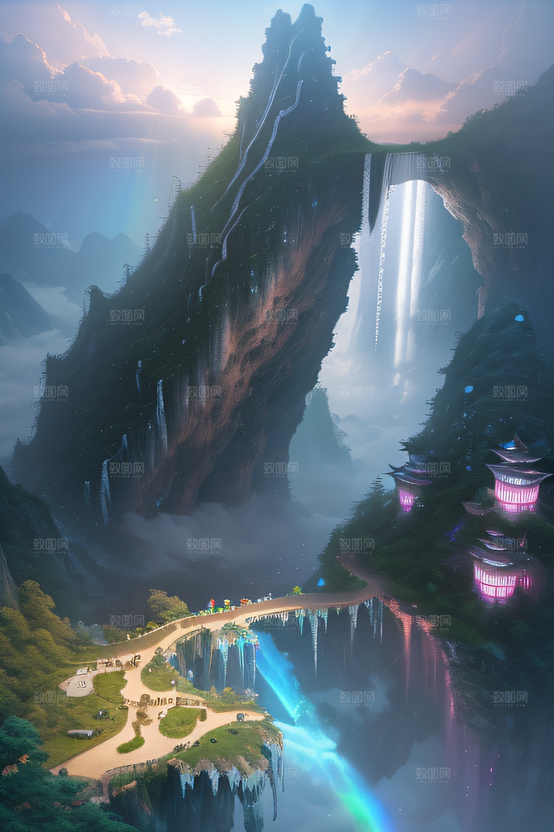 体积光绘画梦幻宫殿下的彩虹瀑布
