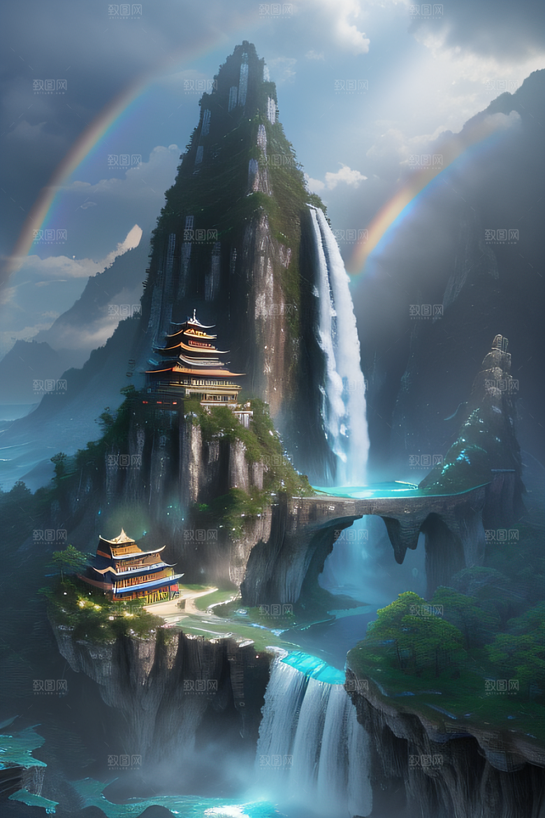 体积光绘画梦幻宫殿下的彩虹瀑布
