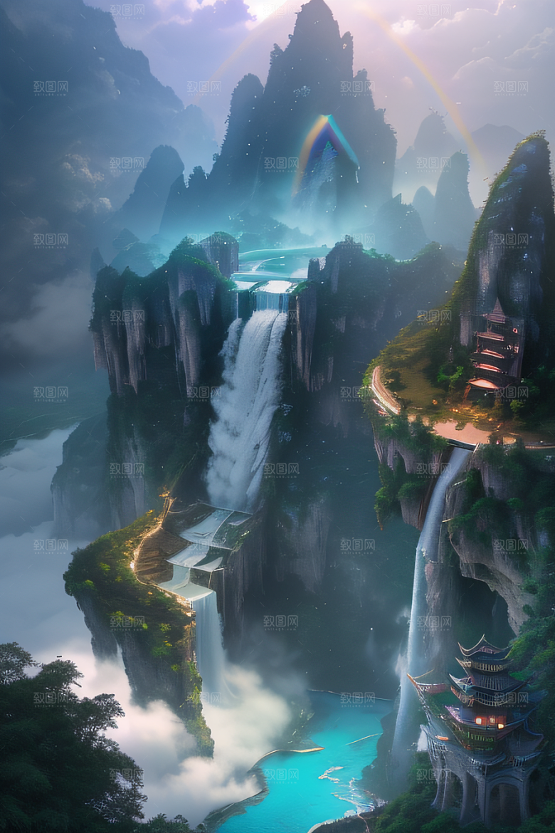 体积光绘画梦幻宫殿下的彩虹瀑布