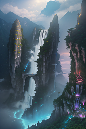 体积光绘画梦幻宫殿下的彩虹瀑布