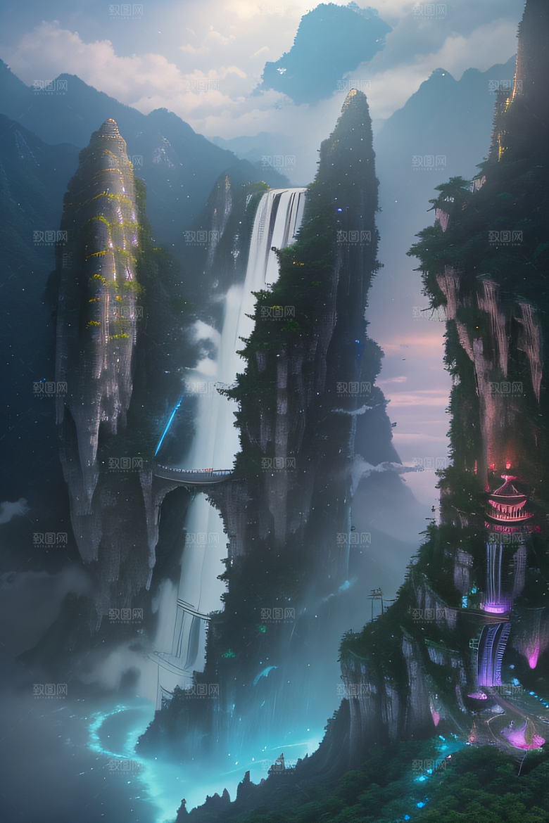体积光绘画梦幻宫殿下的彩虹瀑布