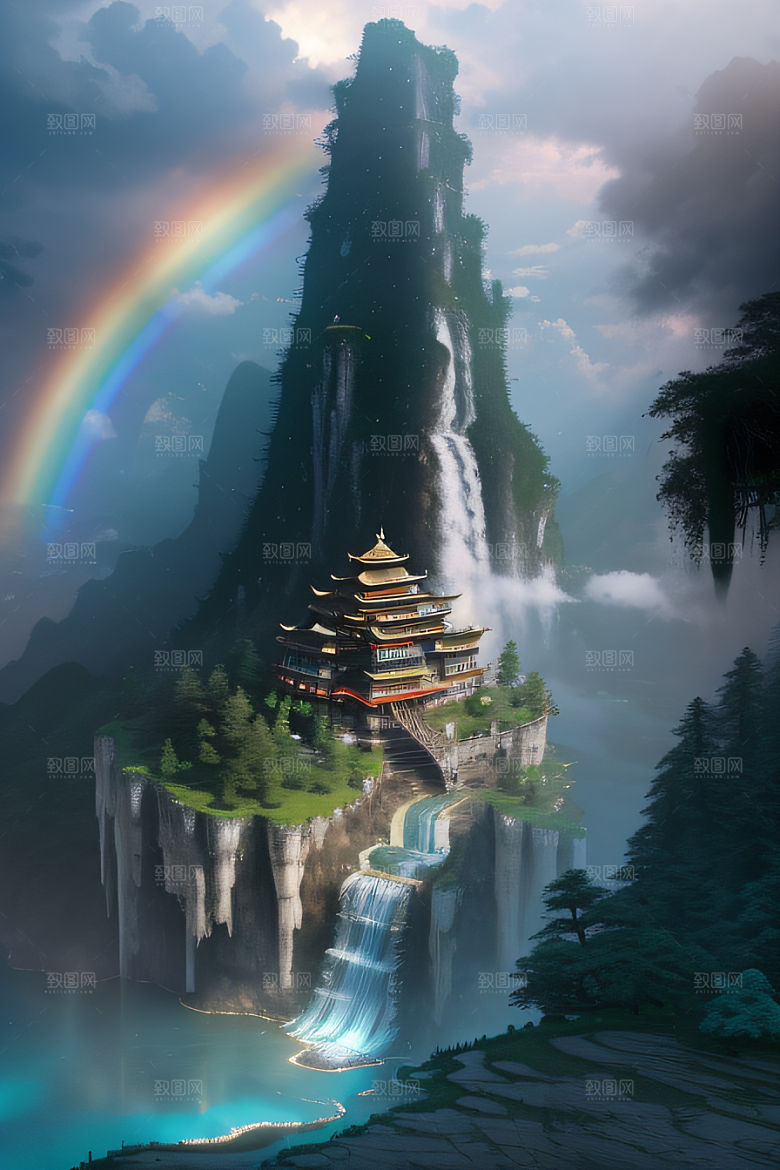 体积光绘画梦幻宫殿下的彩虹瀑布