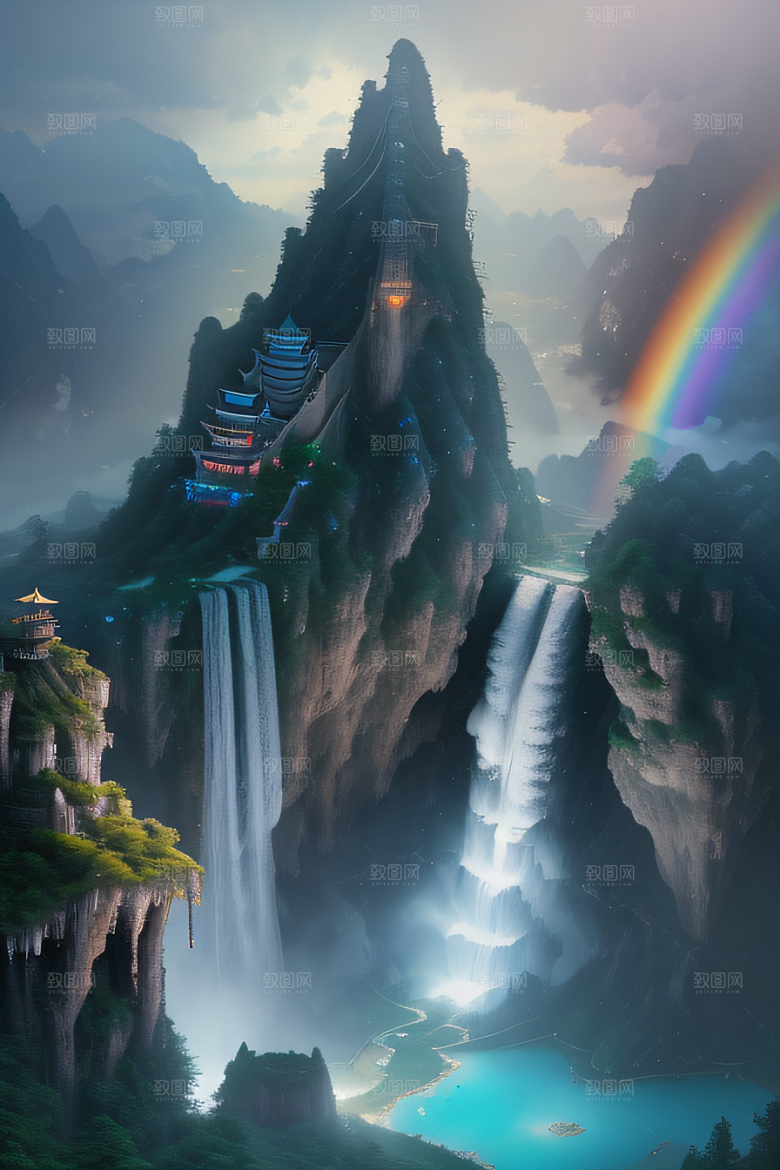 体积光绘画梦幻宫殿下的彩虹瀑布
