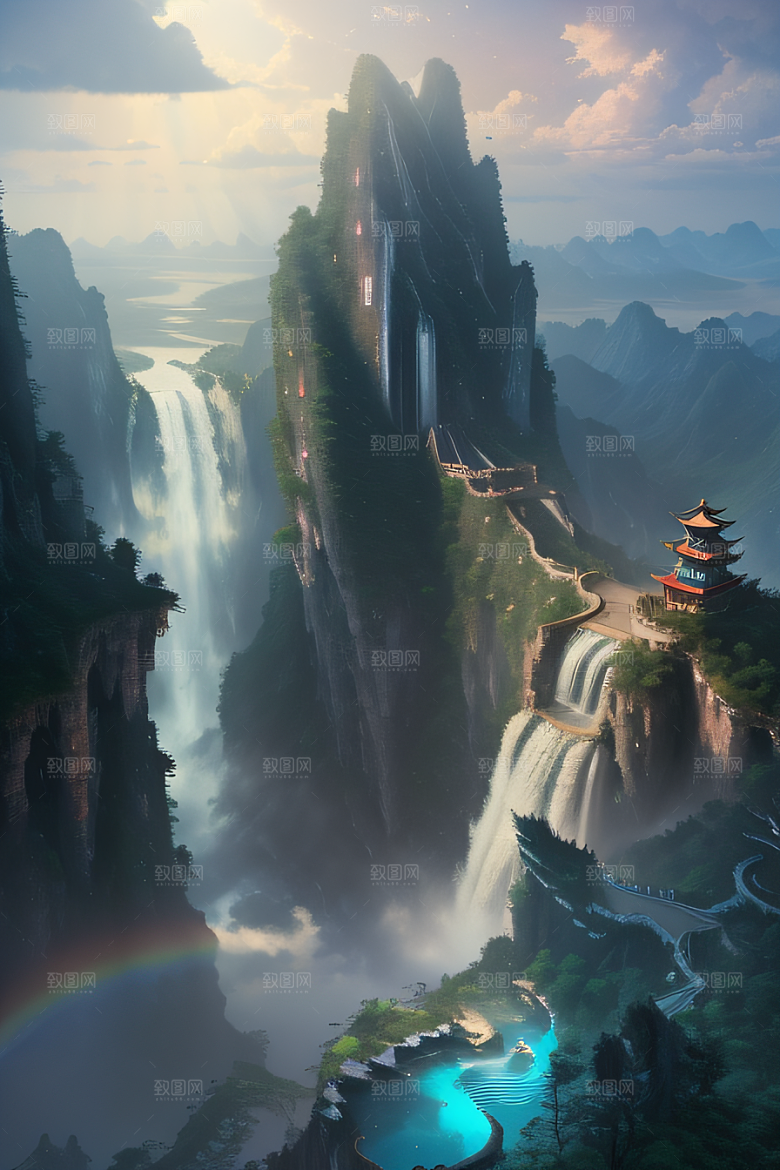 体积光绘画梦幻宫殿下的彩虹瀑布