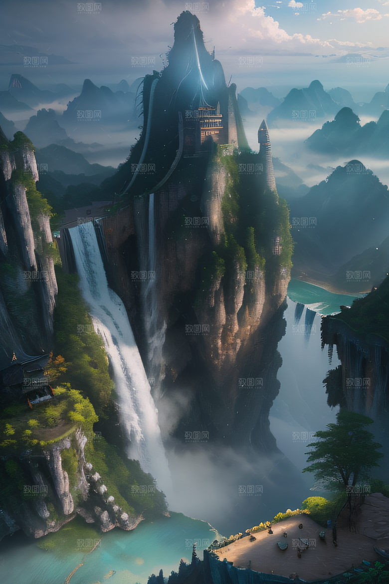 体积光绘画梦幻宫殿下的彩虹瀑布