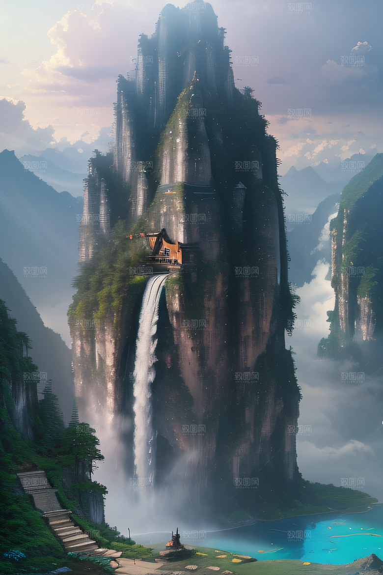 体积光绘画梦幻宫殿下的彩虹瀑布