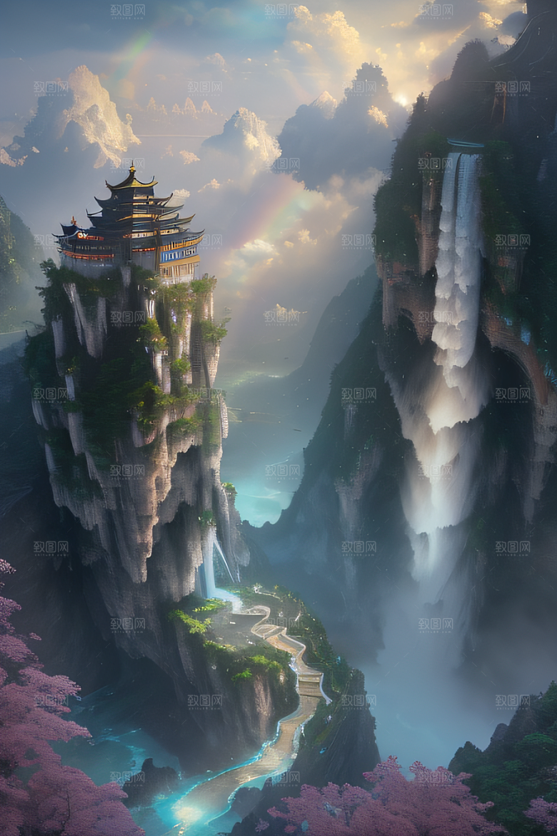 中国宫殿梦幻悬崖下的蓝色水域