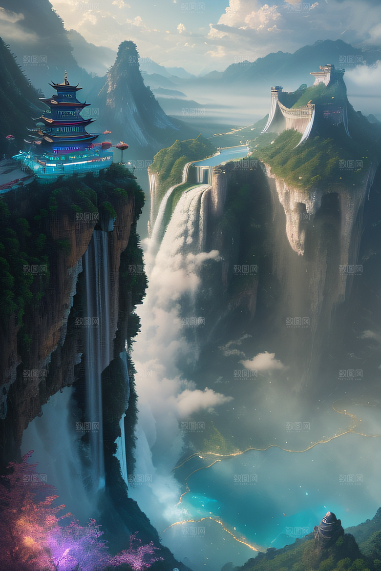 中国宫殿梦幻悬崖下的蓝色水域