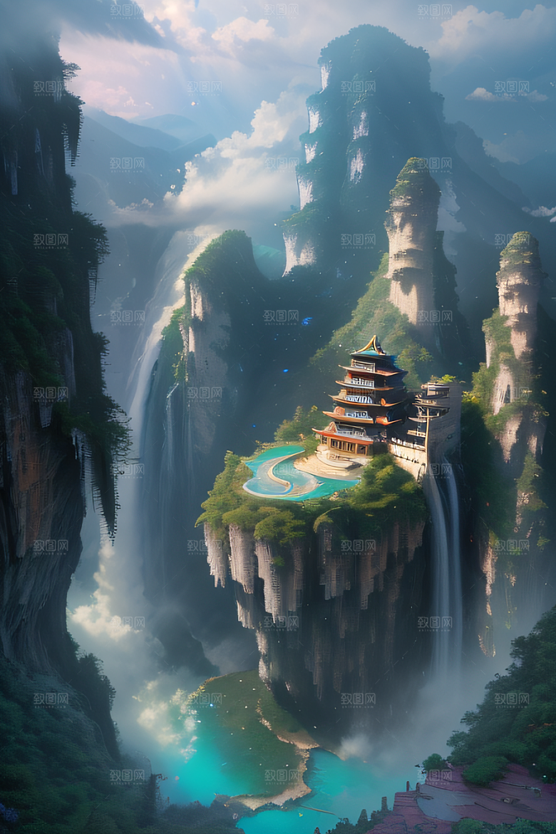 中国宫殿梦幻悬崖下的蓝色水域
