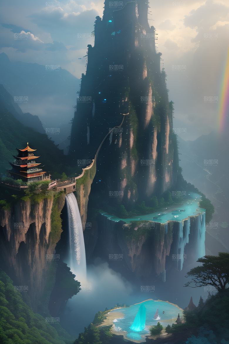中国宫殿梦幻悬崖下的蓝色水域