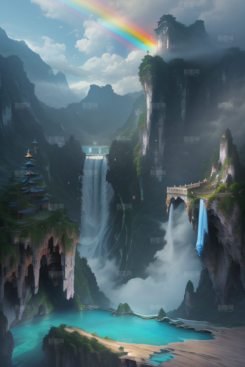 中国宫殿梦幻悬崖下的蓝色水域
