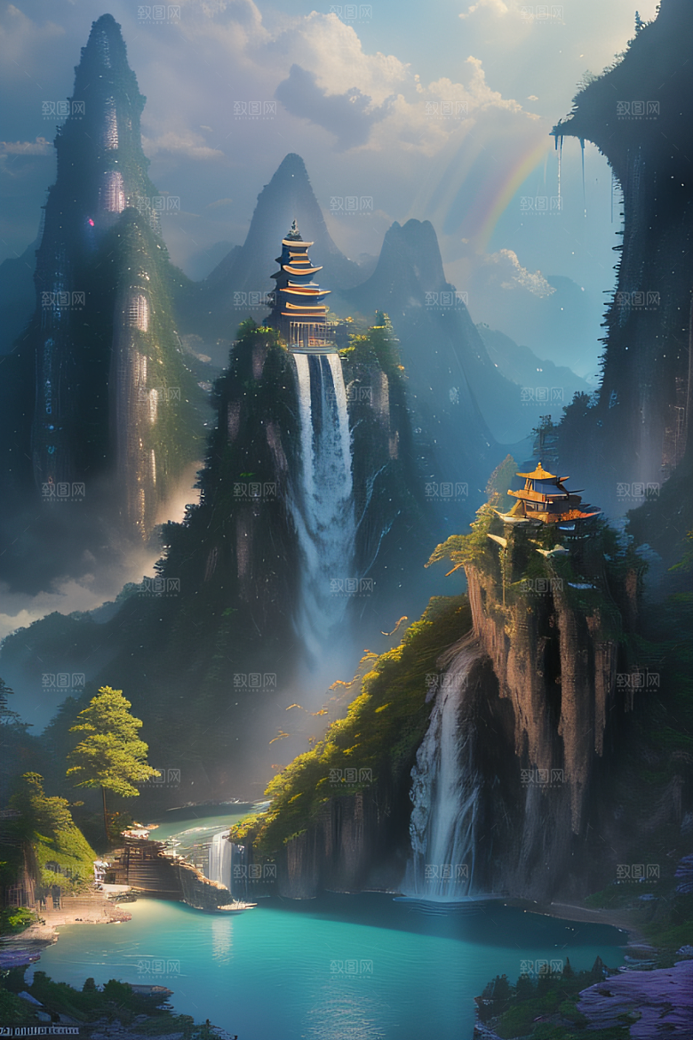 中国宫殿梦幻悬崖下的蓝色水域