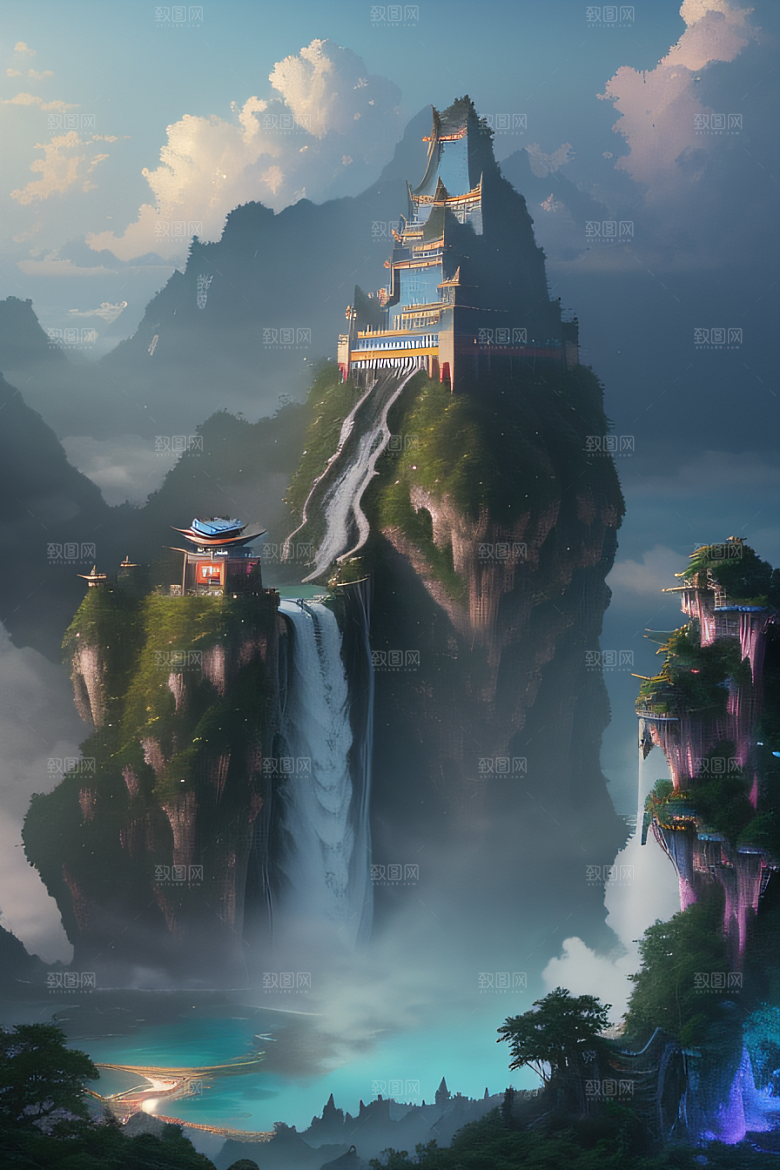 中国宫殿梦幻悬崖下的蓝色水域
