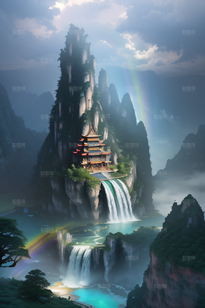 中国宫殿梦幻悬崖下的蓝色水域