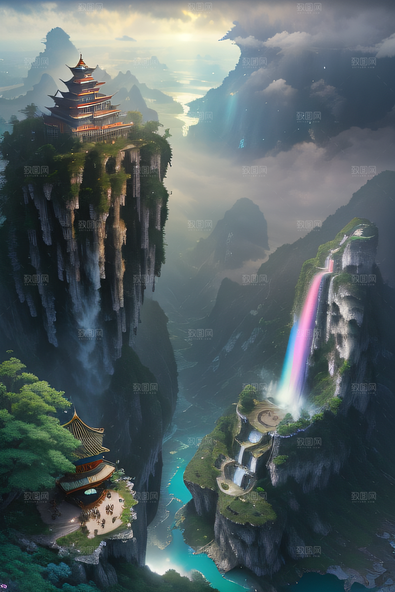中国宫殿梦幻悬崖下的蓝色水域
