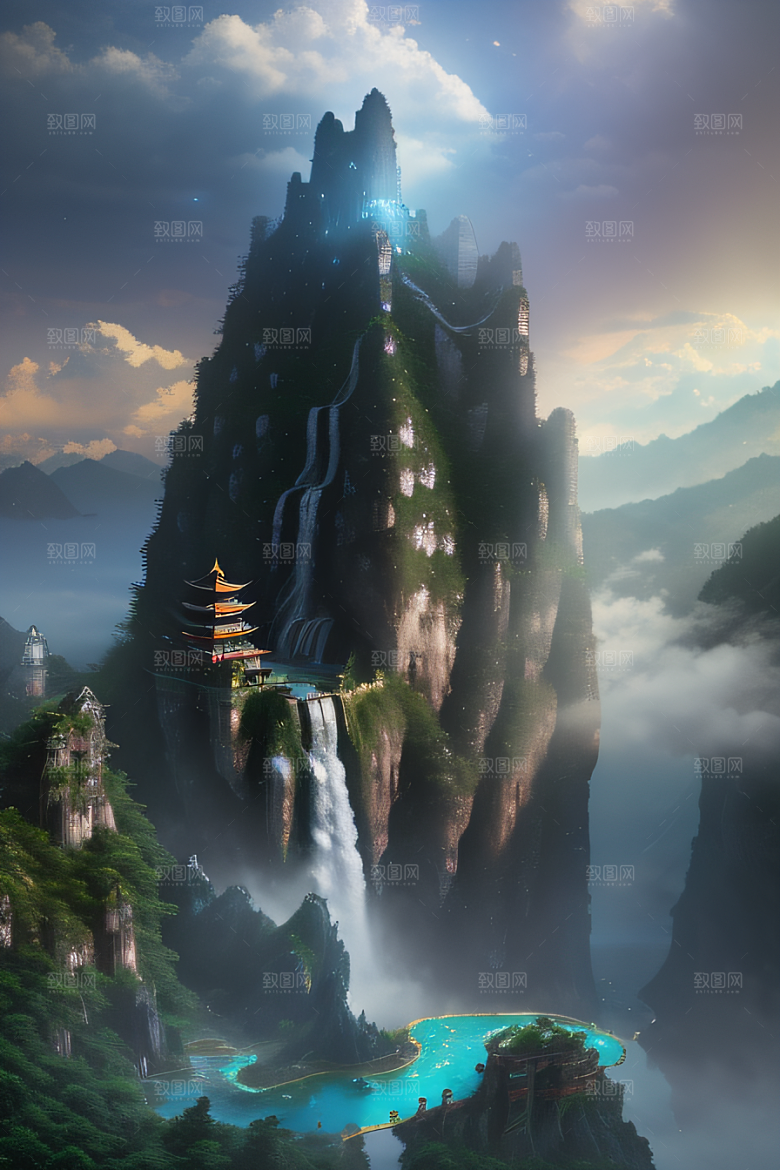 梦幻巨崖中国宫殿下的彩虹瀑布