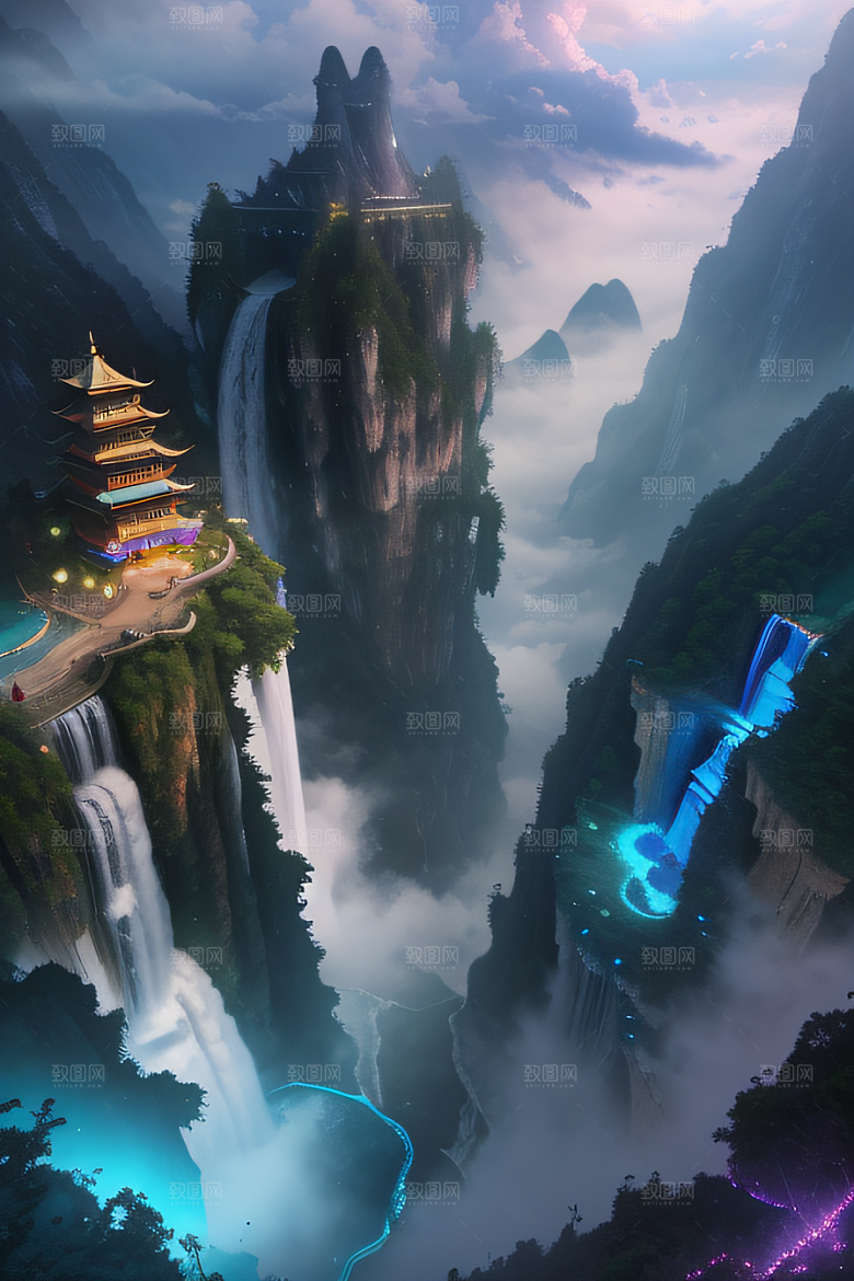 梦幻巨崖中国宫殿下的彩虹瀑布