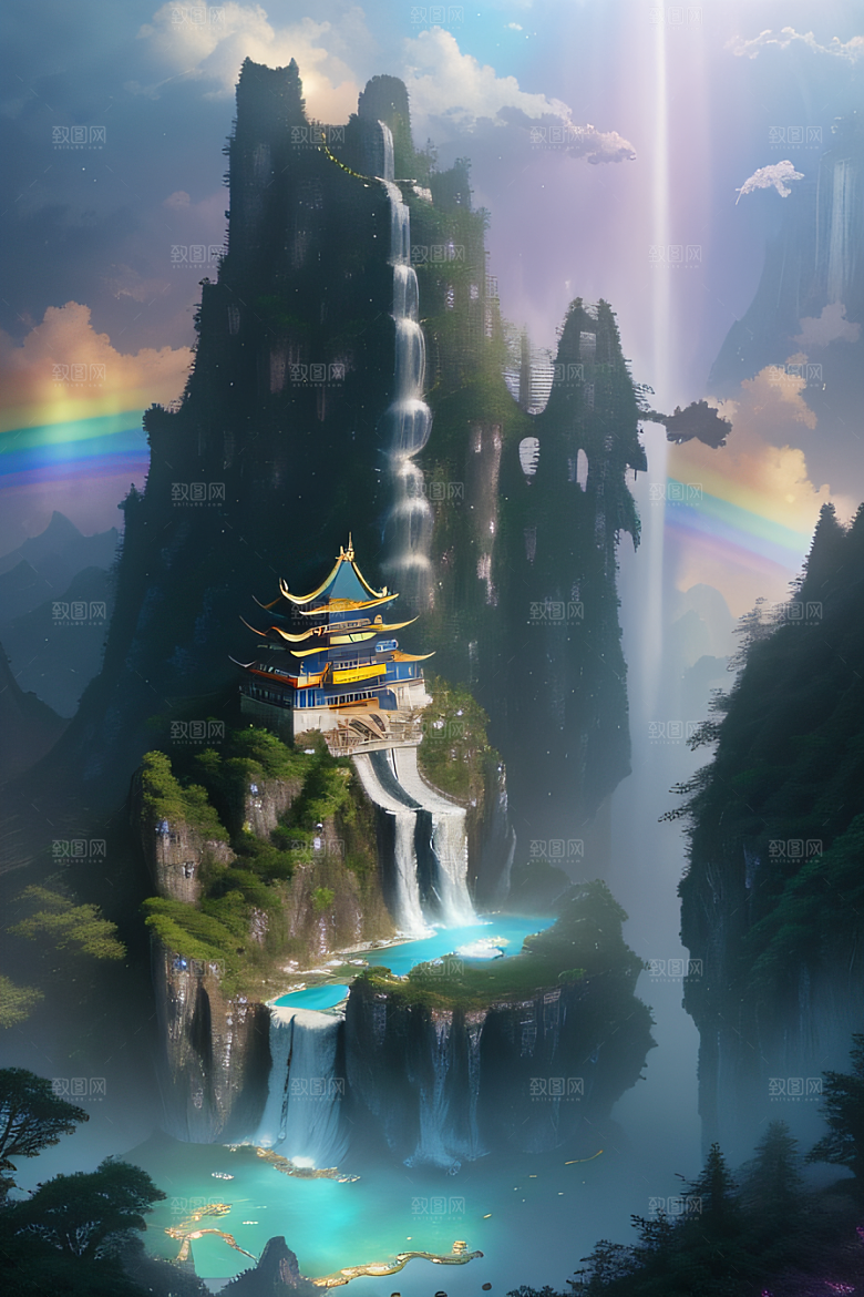 梦幻巨崖中国宫殿下的彩虹瀑布
