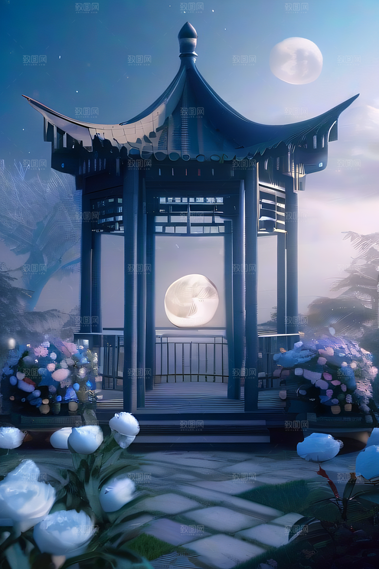 梦幻中国云中古亭蓝白牡丹与圆月