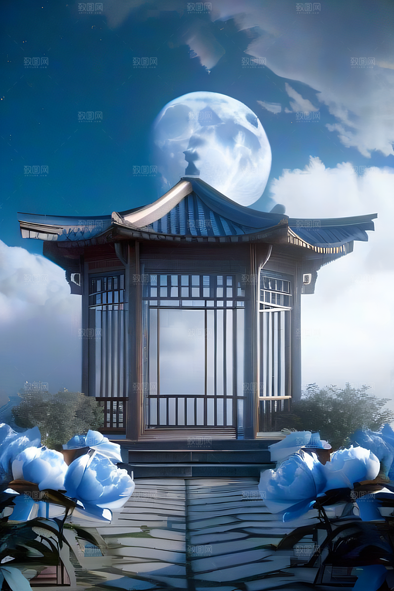 梦幻中国云中古亭蓝白牡丹与圆月