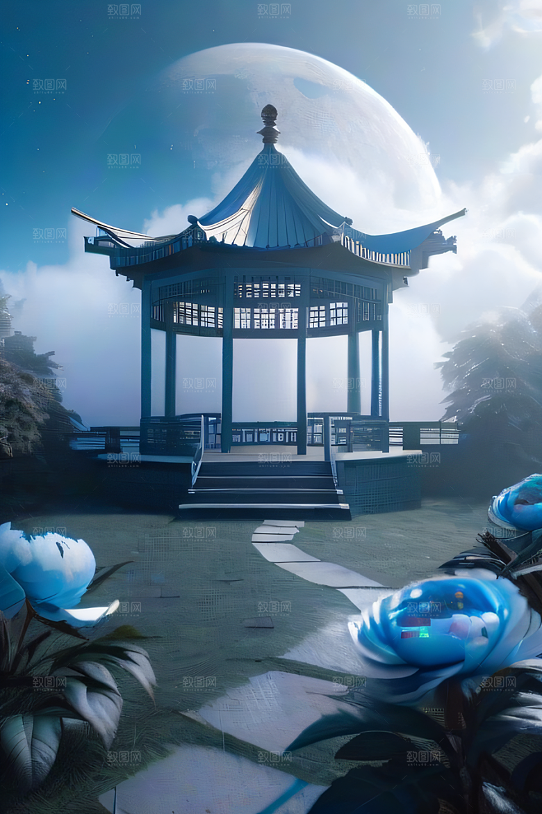 梦幻中国云中古亭蓝白牡丹与圆月