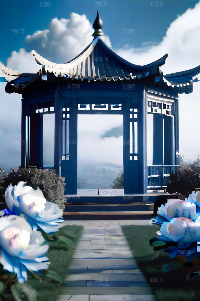 梦幻中国云中古亭蓝白牡丹与圆月