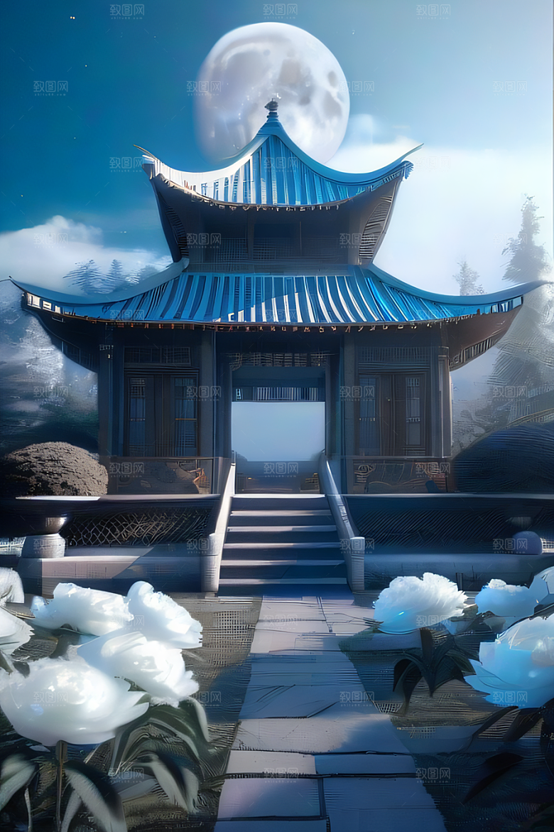 梦幻中国云中古亭蓝白牡丹与圆月