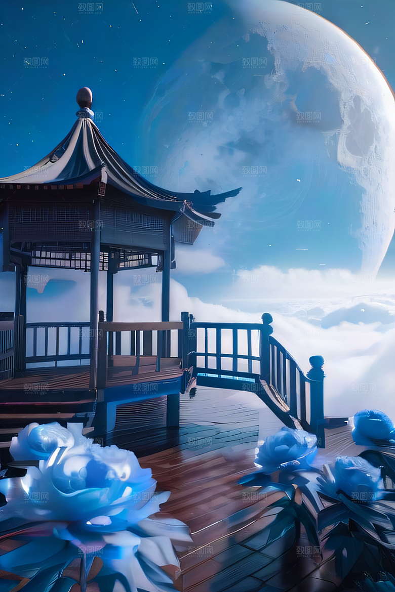 梦幻中国云中古亭蓝白牡丹与圆月