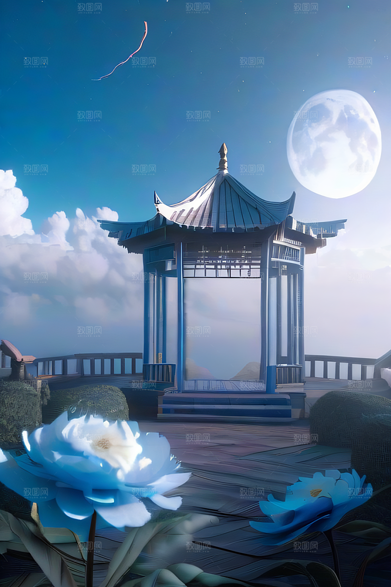 梦幻中国云中古亭蓝白牡丹与圆月