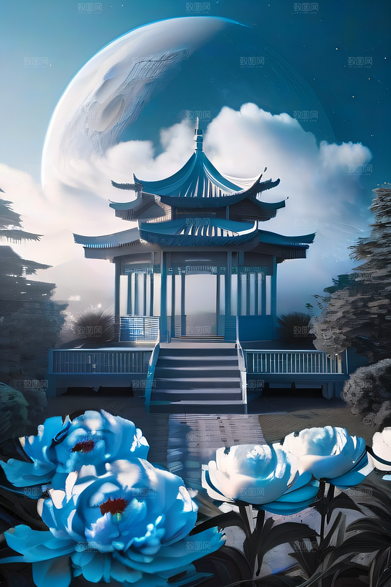 仙境之梦云中古亭蓝白牡丹与圆月