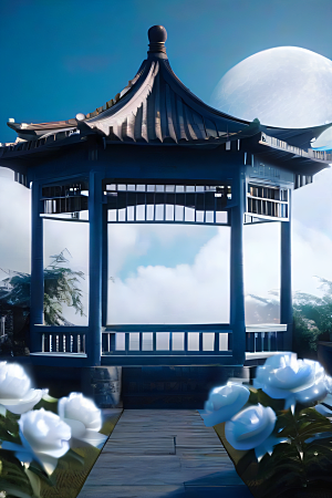 仙境之梦云中古亭蓝白牡丹与圆月