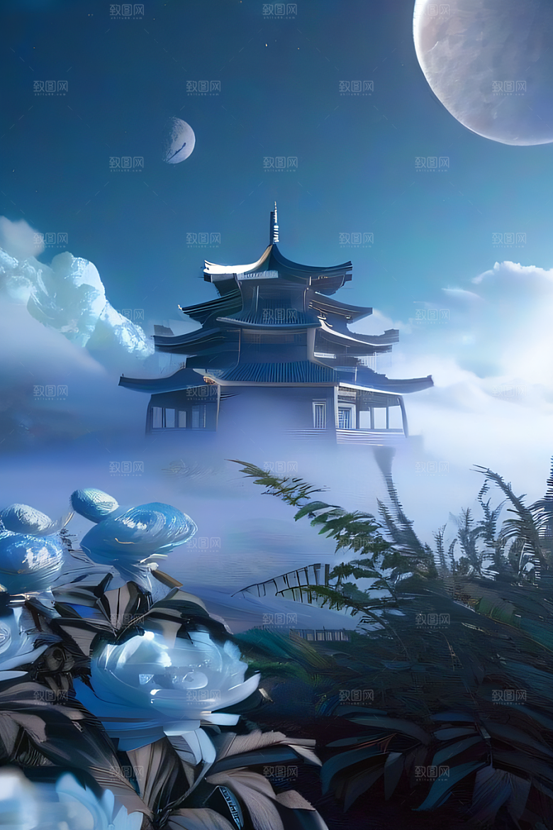 仙境之梦云中古亭蓝白牡丹与圆月