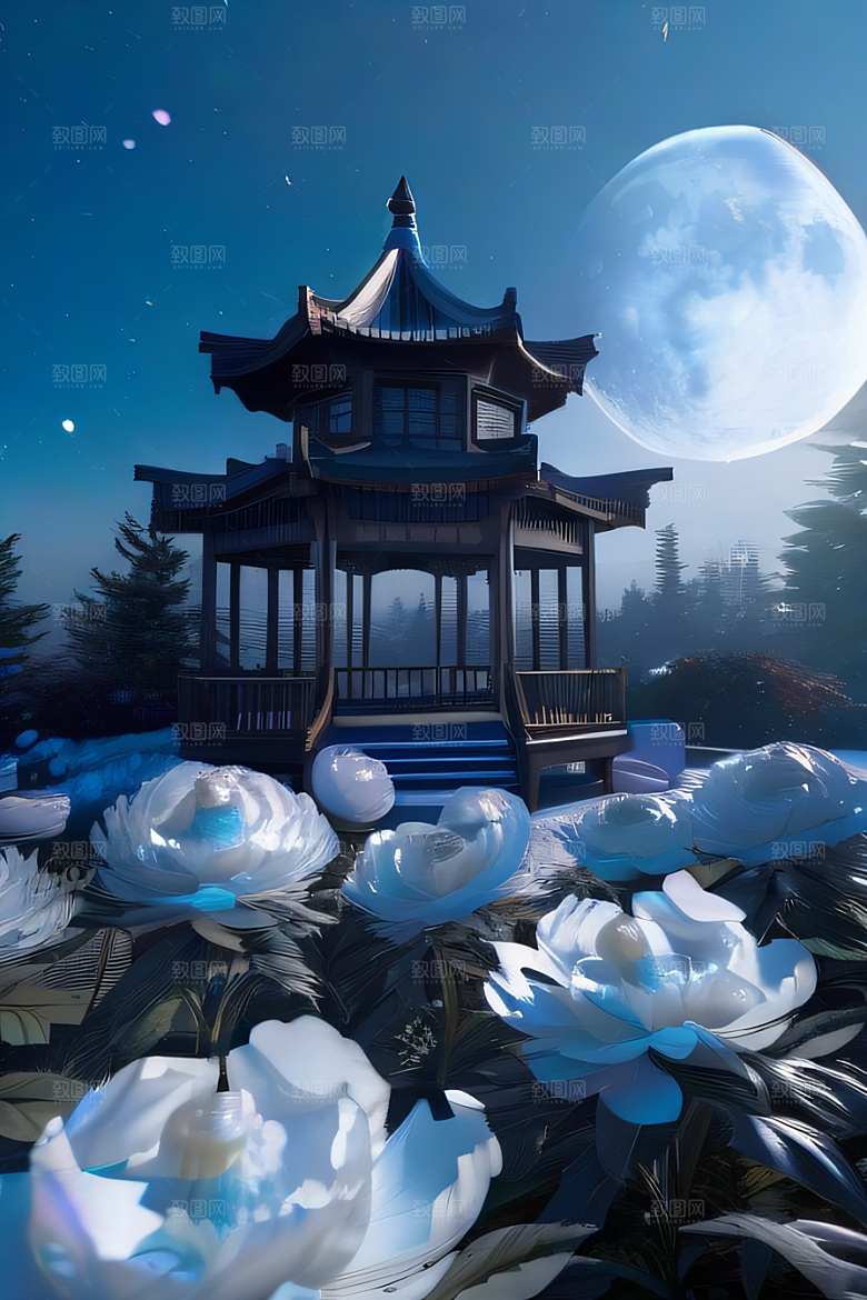 仙境之梦云中古亭蓝白牡丹与圆月