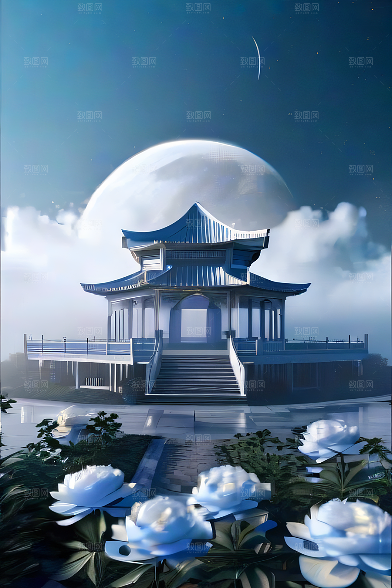 仙境之梦云中古亭蓝白牡丹与圆月